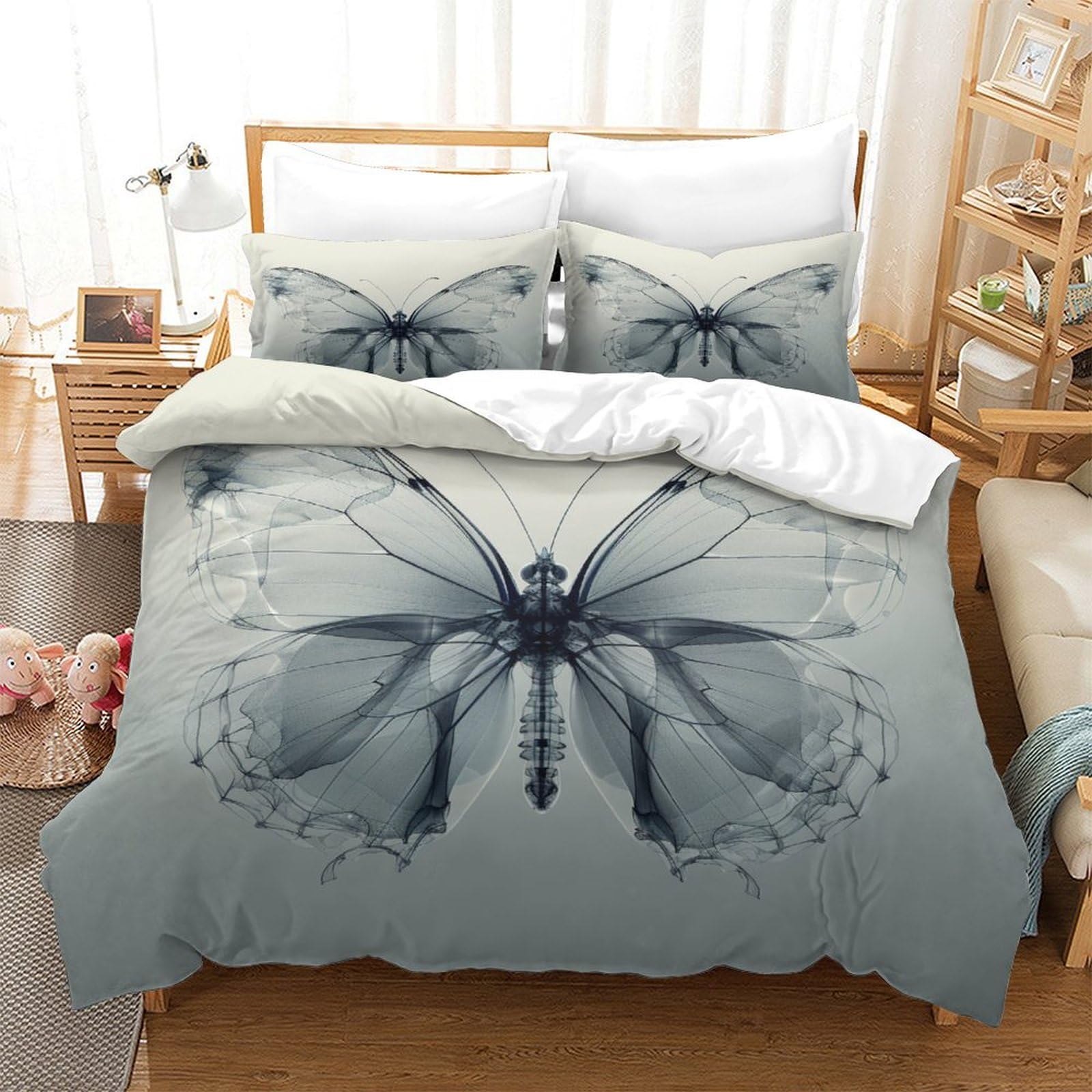 Housse de couette 260x220 cm avec impression papillons 3D et 2 taies d'oreiller en microfibre
