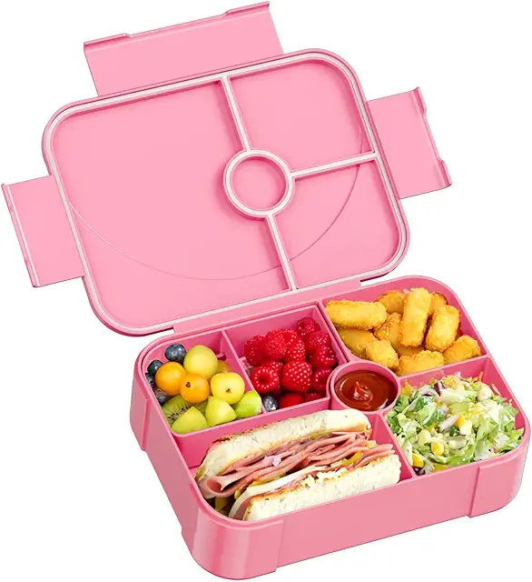 Pink Leak-Proof Bento Lunch Box with 6 Compartments for Kids & Adults