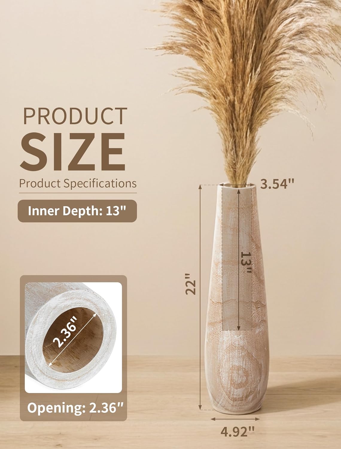 Hanobe Wooden Tall Floor Vase: 22 Inch Decorative Vases for Pampas Grass Large Vase for Boho Rustic Farmhouse Living Room Bedroom Hallway Corner Neutral Home Decor