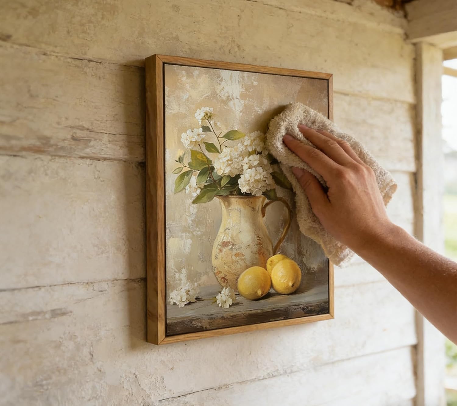 UXOCBTAH With Frame Hydrangea Canvas Wall Art Vintage Hydrangea Lemons Still Life Picture Wall Decor Rural Farmhouse Painting Print for Country kitchen Home Decoration 12x16in