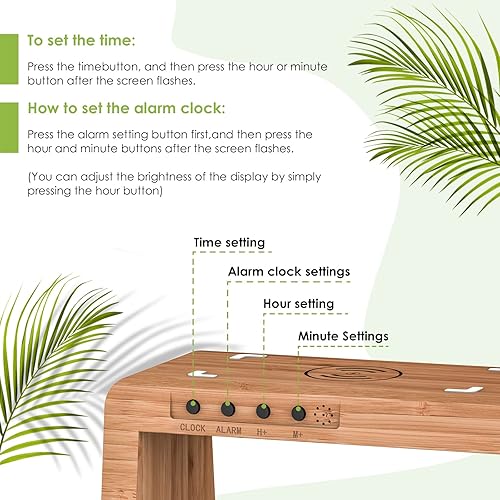 Miniatura 7 de Estación de carga inalámbrica de bambú, luz nocturna con despertador digital, estación de carga de mesita de noche para dispositivos Apple, cargador