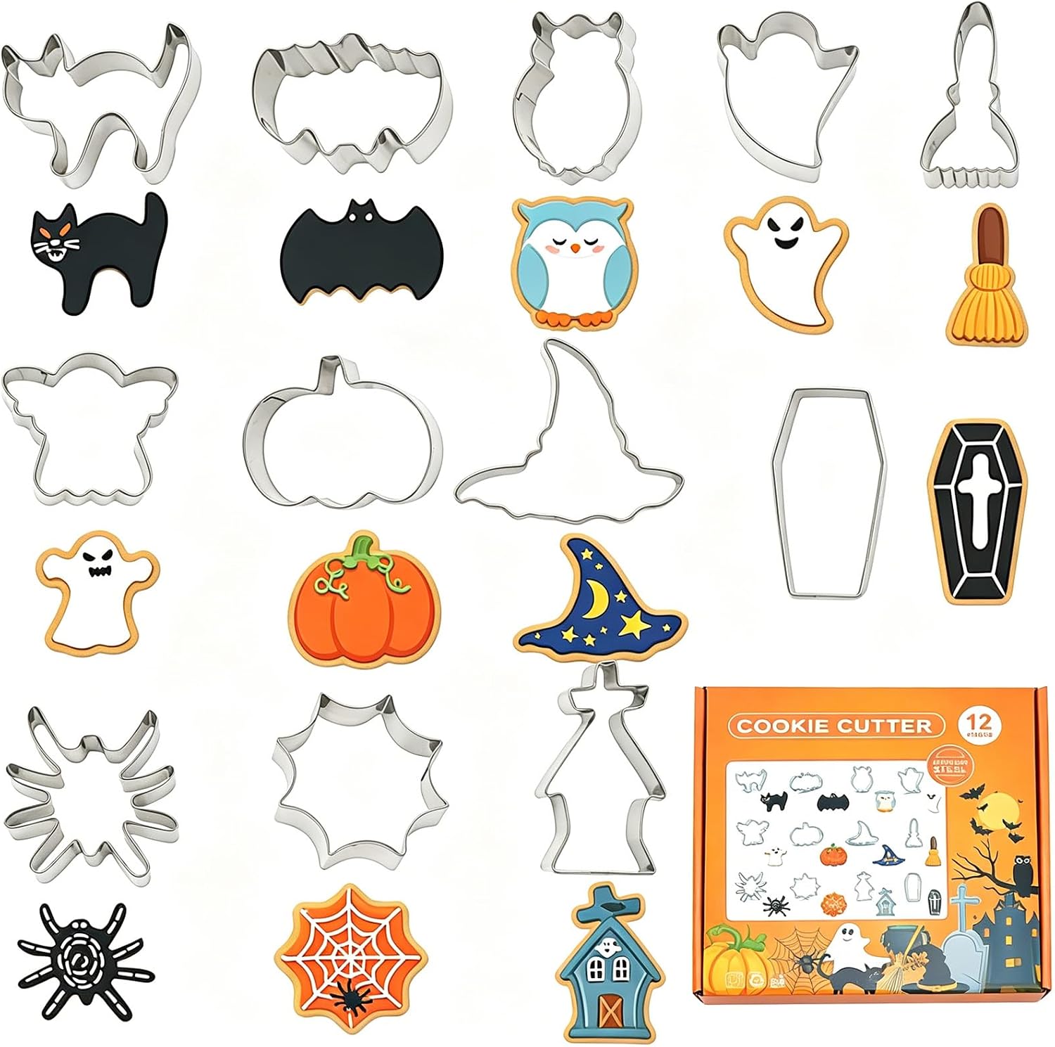 12 Pcs Halloween Cookie Cutters Set, Mini Stainless Steel Spooky Shaped Biscuit Molds, Reusable Classic Baking Tools for DIY Cookies, Dough, Fondant, Kids Birthday, Holiday Party Decor