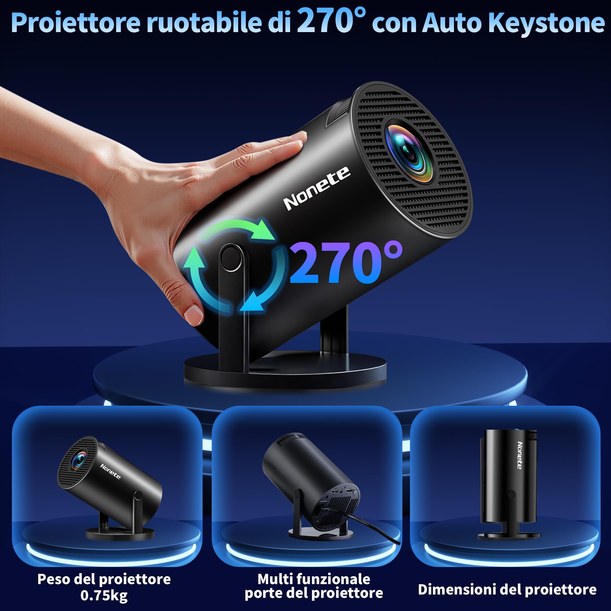 Proiettore 1080P FHD [2026 Upgraded] Mini Proiettore Portatile 4K con WiFi 6 BT 5.2 Videoproiettore Supporta Rotativo a 270°Projector Auto Keystone TV Stick/USB/HDMI/PC con Cavo HDMI & Mouse, Nero