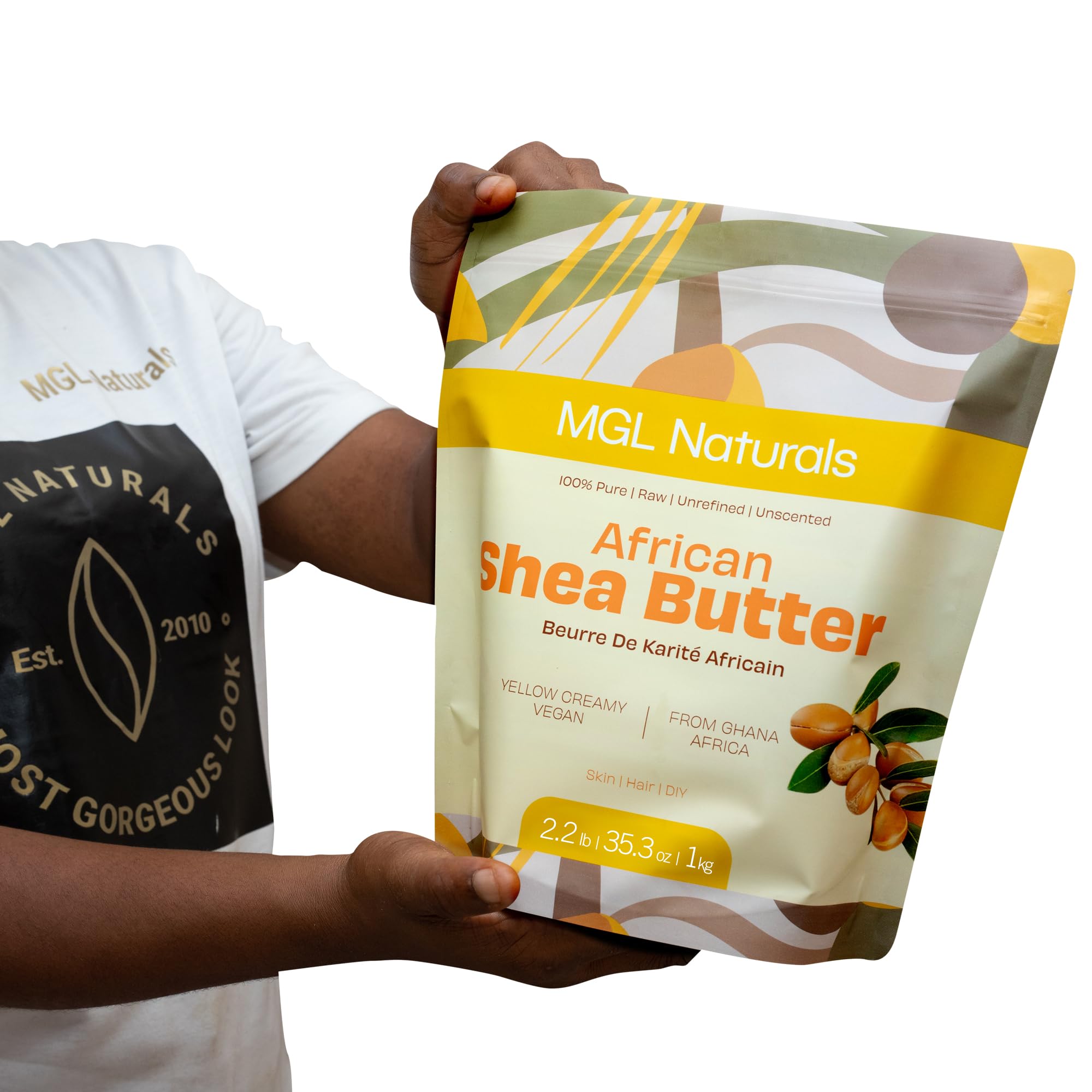 MGL Naturals, manteca de karité africana sin refinar, 100 % pura, cruda, vegana y orgánica. Nutritiva e hidratante. Úsalo solo o recetas de bricolaje. 1 kg