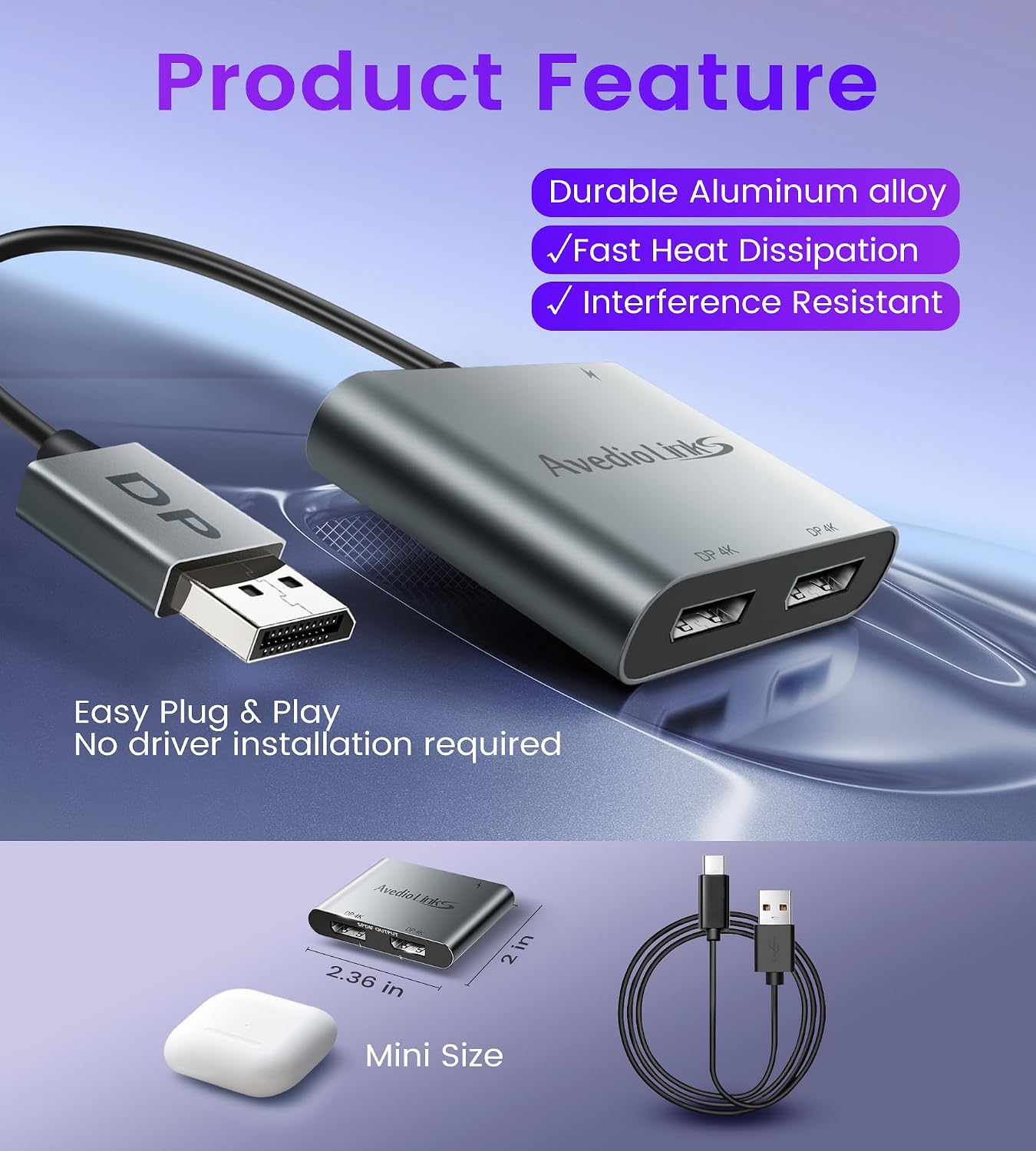 Displayport to Dual Displayport Splitter Adapter 4K@60Hz, DP 1.4 Splitter Adapter 1 in 2 Out SST/MST Extended Display Compatible with PC, Laptop,Graphics,PC