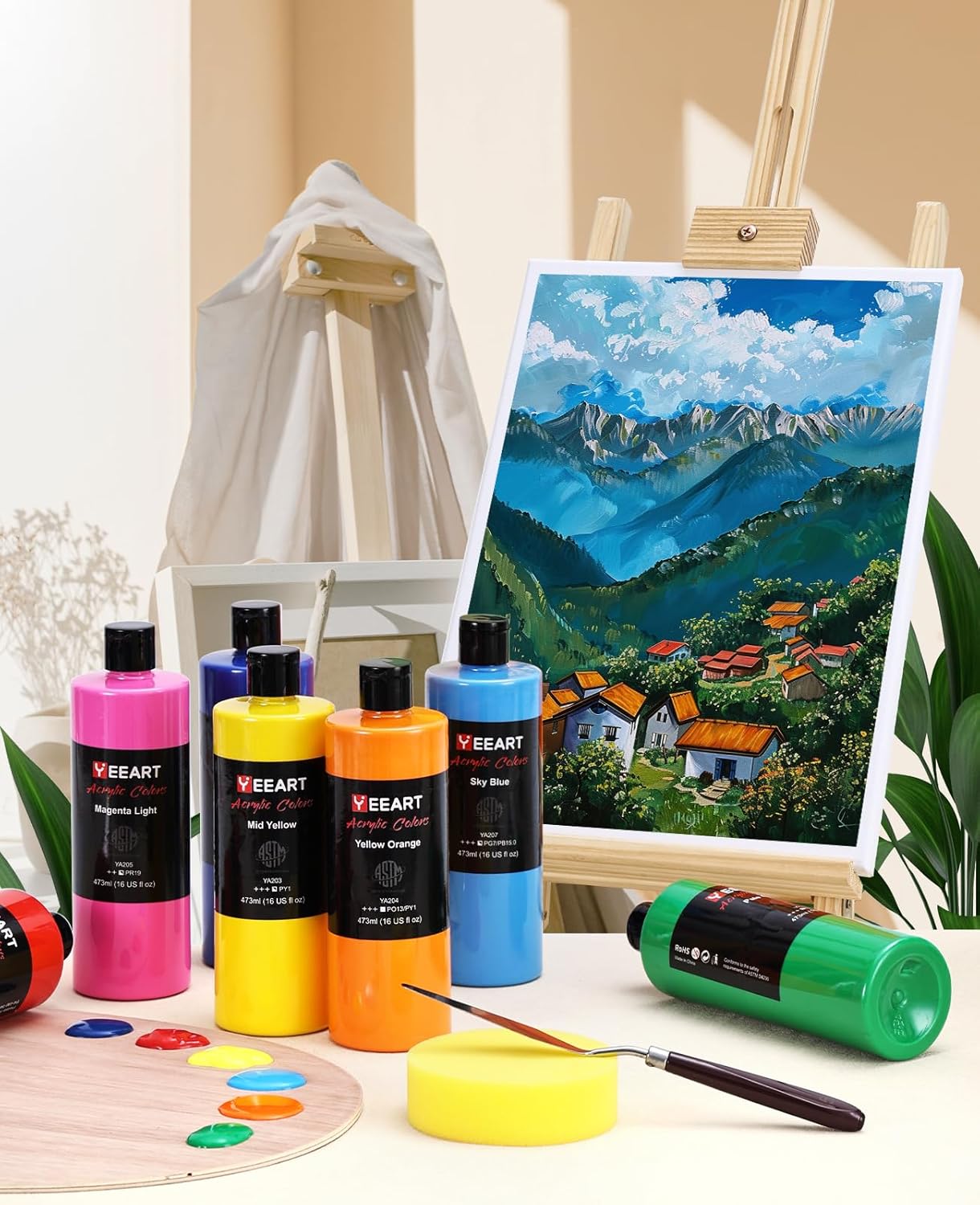 Acrylic Paint Set, 12 Colors Acrylic Paint Large Bottle Set, 16OZ Each, Rich Pigmented Canvas Paint, Premium Non-toxic Paints for Artists, Paint Set for Adults, Art Supplies for Canvas