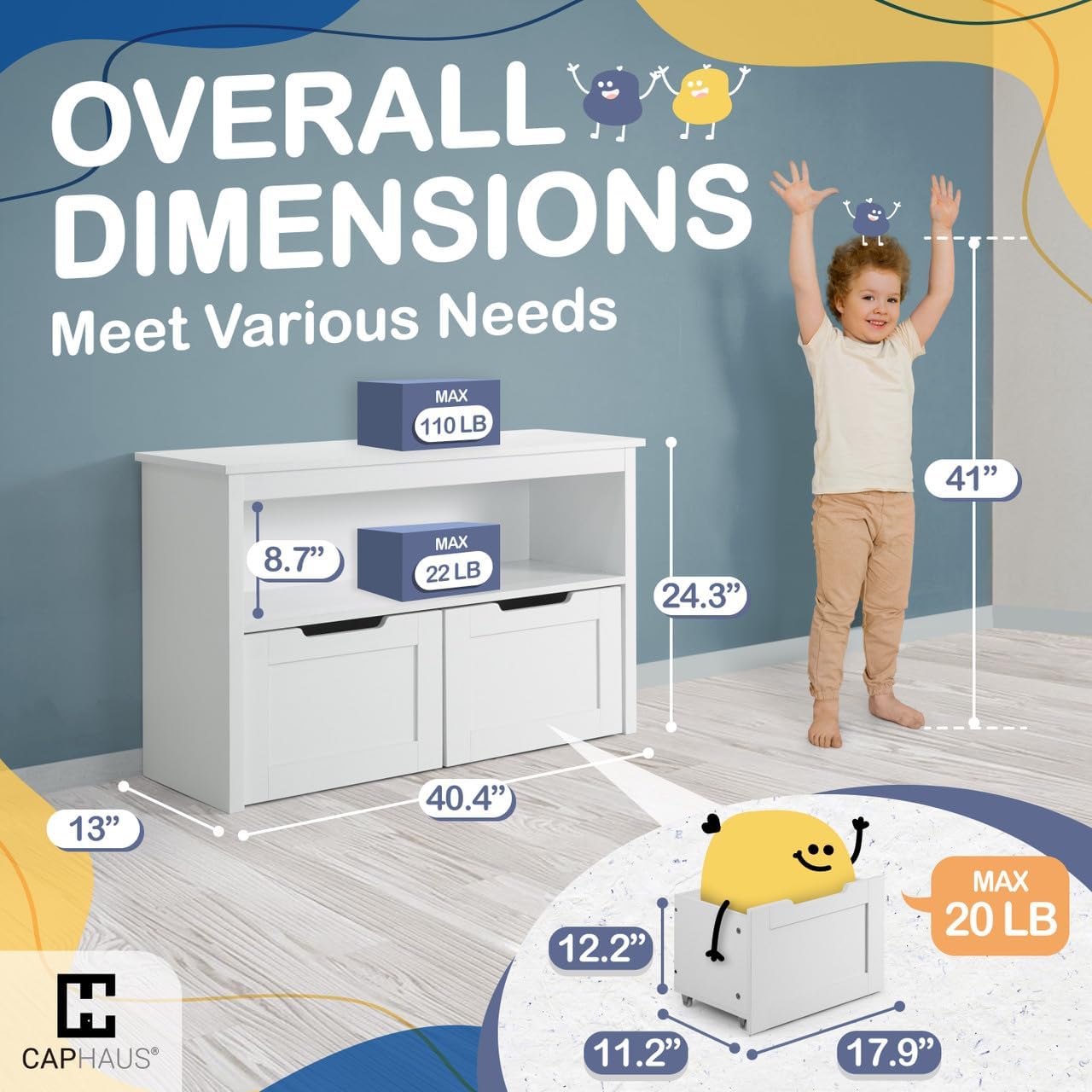 Diagram showing the overall dimensions of the CAPHAUS Toy Storage Organizer, including width, depth, and height, with a child for scale.