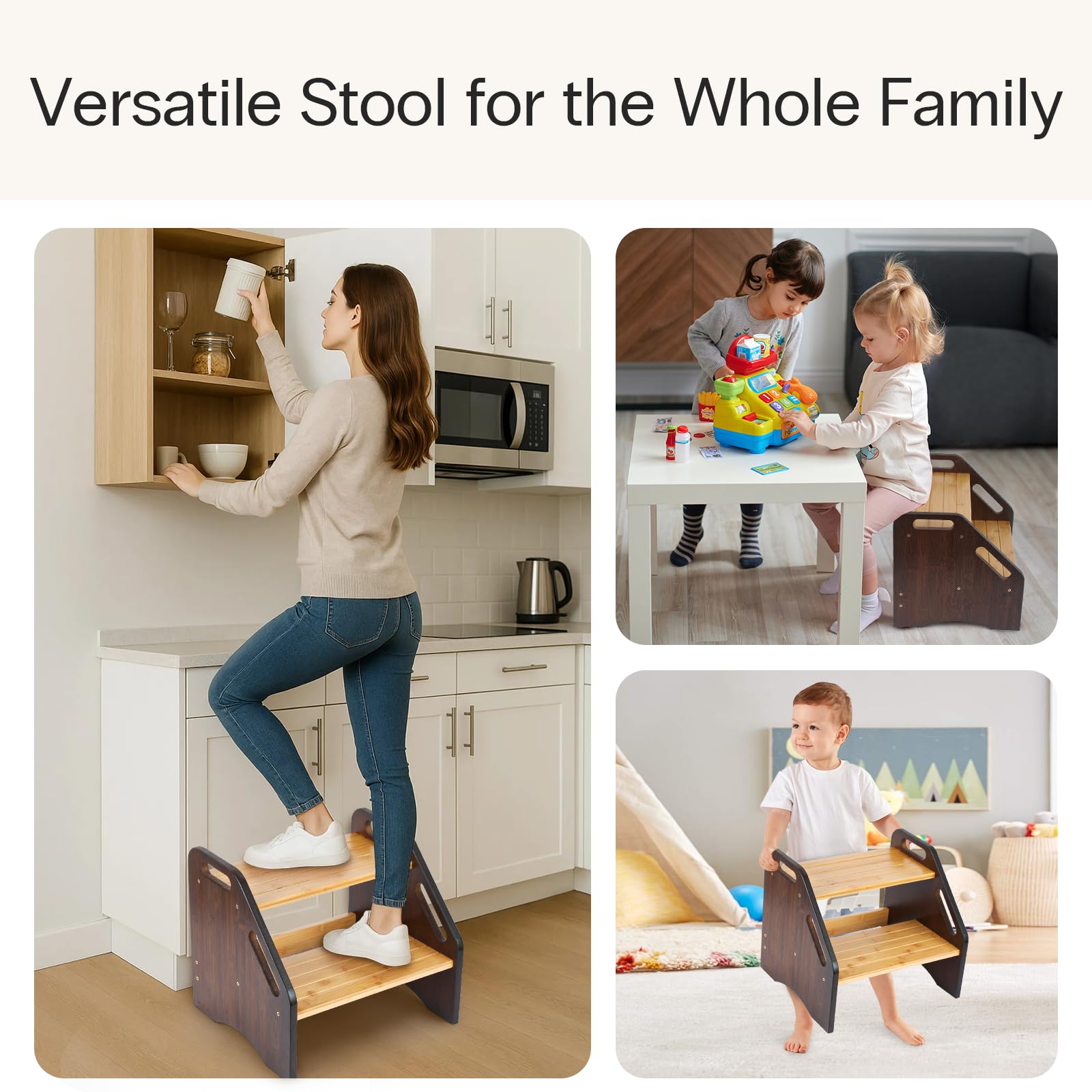 StrongTek Taburete 2 Escalones de Bambú Compacto Baño | Escalera versátil de bambú ahorra espacio con peldaños antideslizantes, perfecta para niños y adultos en el hogar