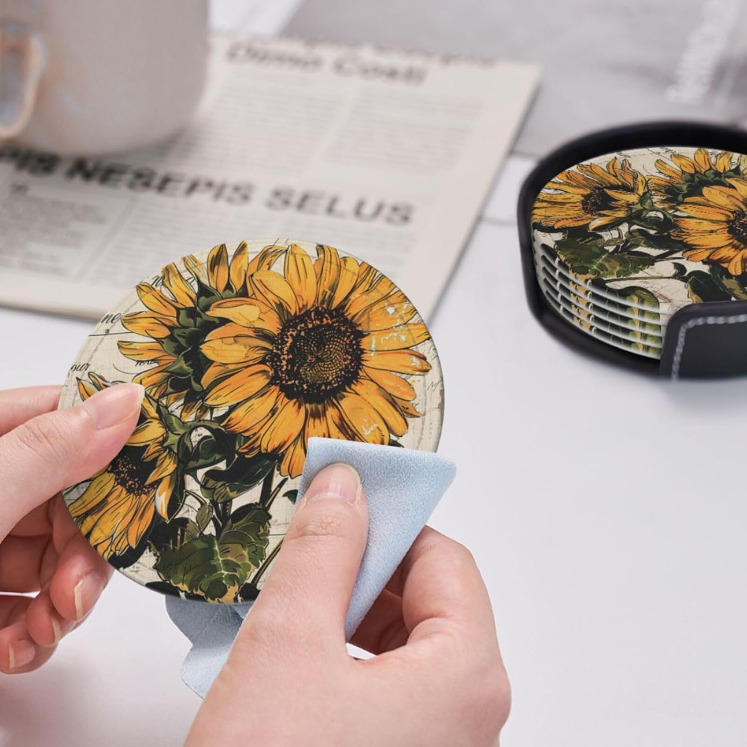 6 Pcs Vintage Sunflower Sunshine Leather Coasters for Drinks with Holder Round Mug Mat Table Desk Coasters Set Cup Coasters for Living Room Kitchen Coffee Decor