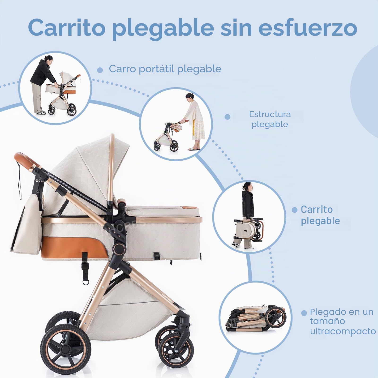 Cochecito 3 en 1, Cochecito Compacto con Mosquitera y Cubierta para la Lluvia, Silla de Paseo Ligera con asa Ajustable, Ruedas de PU, Adecuado de 0-3 Años,Beige