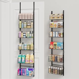 SWTYMIKI Over The Door Organizer - Door Organizer Hanging with 6 Adjustable Metal Large Capacity Basket, Wall Mounted Shelf for Bedroom Closet Bathroom Laundry Pantry Cabinet Kitchen(Black)