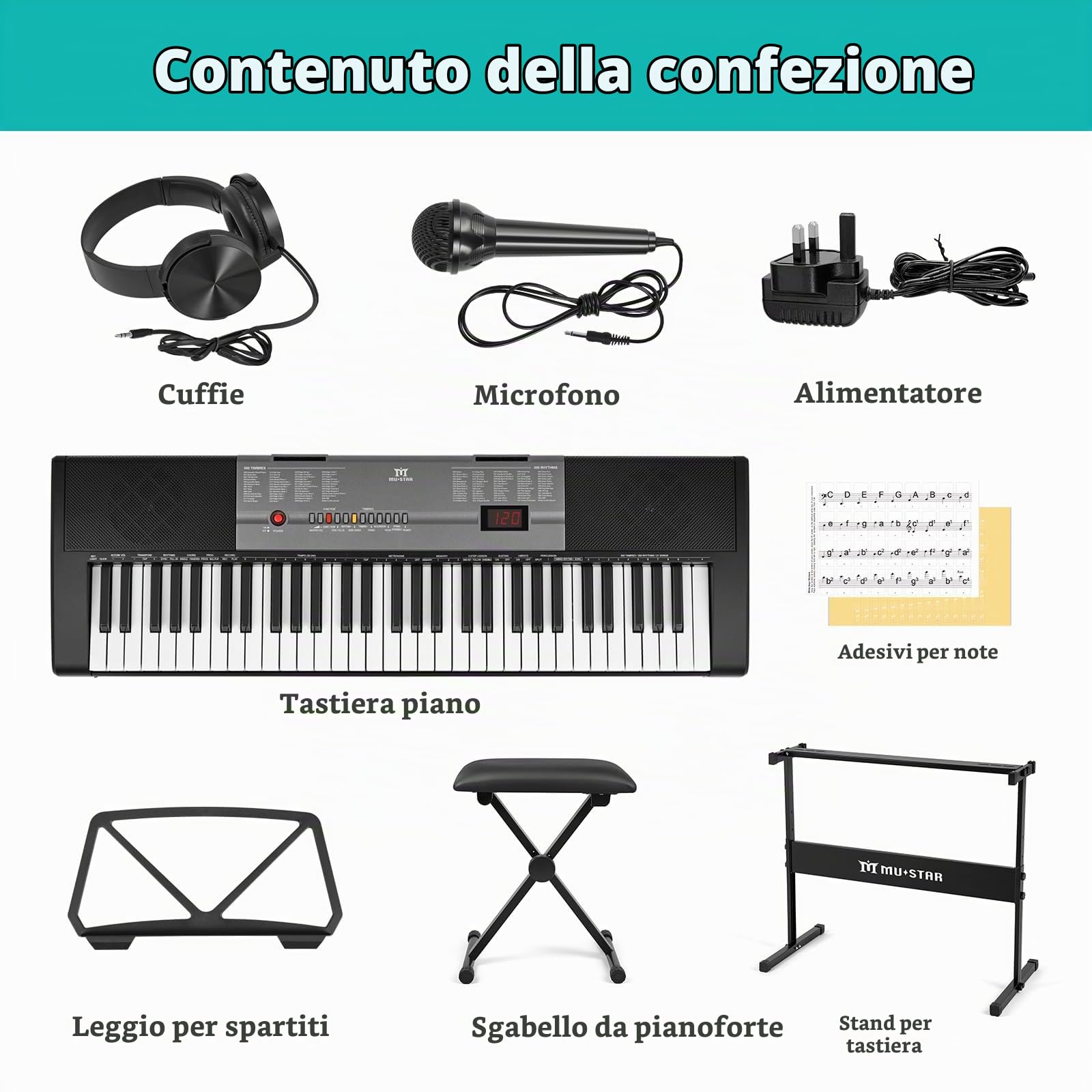 Pianoforte elettronico a 61 tasti con tasti illuminati, LCD, cuffie, supporto a X, sgabello, ripiano per spartiti, microfono, adesivi per note, altoparlanti integrati, 3 modalità di insegnamento