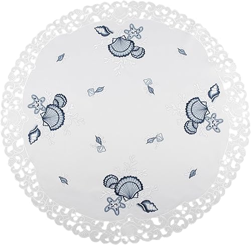 Linens, Art and Things Mantel redondo bordado de playa con conchas azules sobre blanco, mantel pequeño (33 pulgadas redondo)