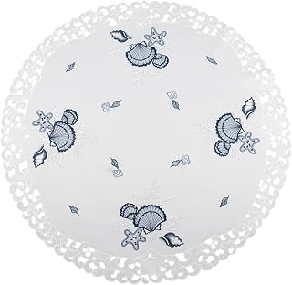 LAT Embroidered Blue Seashell Beach on White Round Table Topper, Doily, Small Tablecloth (33 Inch Round)