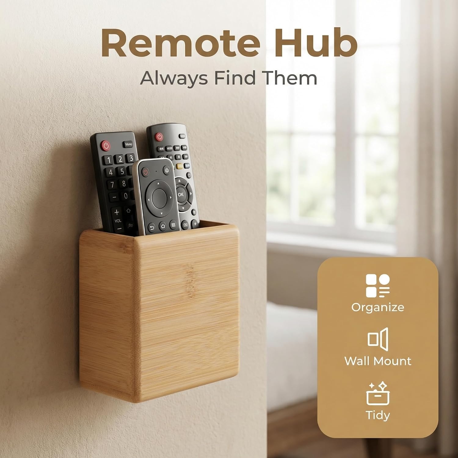 Garneck Bamboo Remote Control Holder Wall Mount - Wood Remote Caddy Organizer for Bedside Couch Office Universal Media Storage Box for Tv Controller Phone Key Pen Home Decor (Pack of 2) image 5