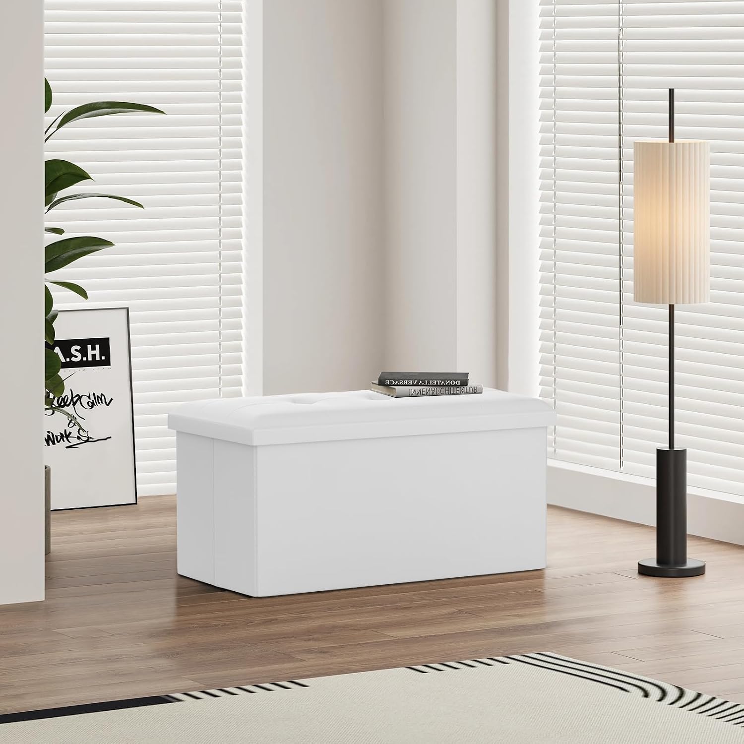 Magshion Folding Storage Ottoman Bench, 15 x 30 x 14.5 Inches PU Leather Ottoman Foot Rest, End of Bed Bench, 90L Storage Chest for Bedroom, Living Room, Entryway, Hallway, White