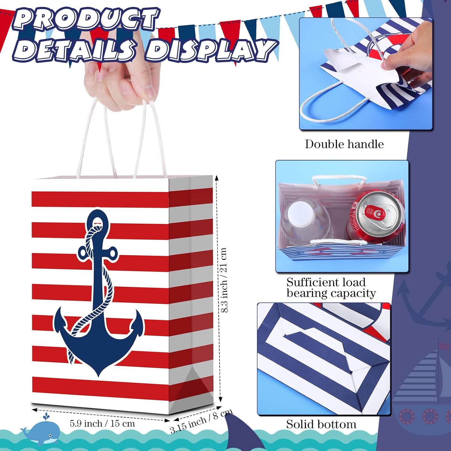 Nezyo 24 Pcs Nautical Party Gift Bags Nautical Candy Anchors Goody Treat Bags with Handles Party Decoration for Themed Birthday Party Supplies