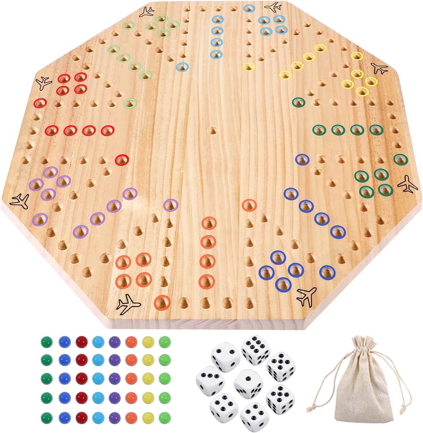 HOROW Wahoo Board Game Wooden Original Board Game Classic 2 Side Painted Fast Track Game for 6 Player and 8 Player with 32 Marbles,8 Dices for Family Game Night(8-Player,Log)