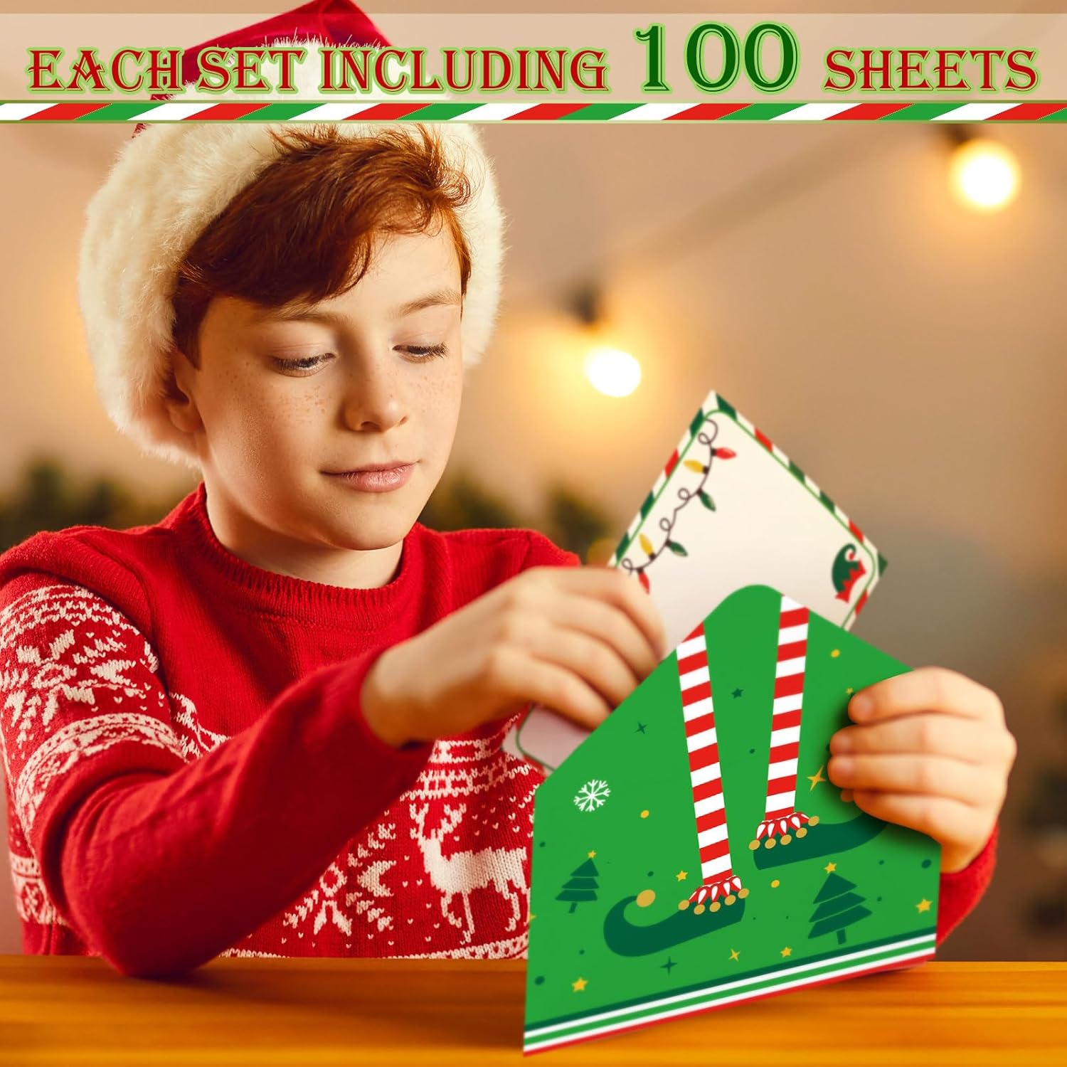 Christmas Elf Notes Cards with Envelopes 4 x6 Lime Green 100 Thank You Stickers Bulk, a Note from Your Elf Legs Greenery Merry Xmas Greeting Card for Student Surveillance Report Activities Stationery