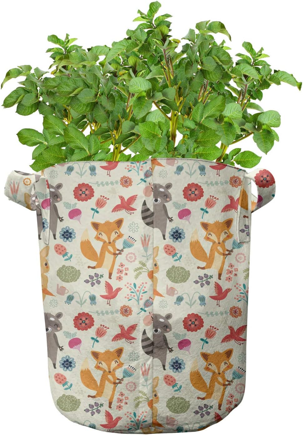 Lunarable Forest Grow Bags 5-Pack, Happy Woodland Critters, Heavyduty Fabric Pots with Handles for Plants, Multicolor