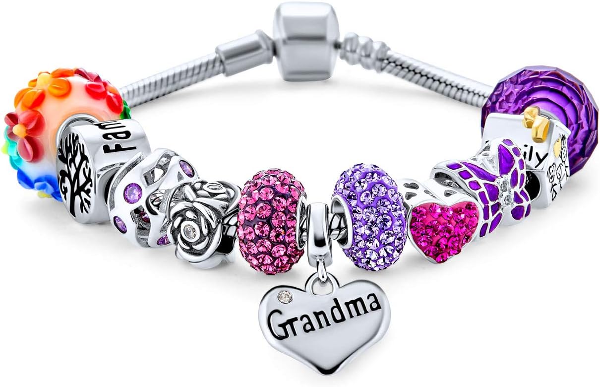 Bling Jewelry Love Grandma Family-Themed Charm Bracelet for Women - .925 Sterling Silver Snake Chain, European Style, Available in 7, 8, and 9 Inches
