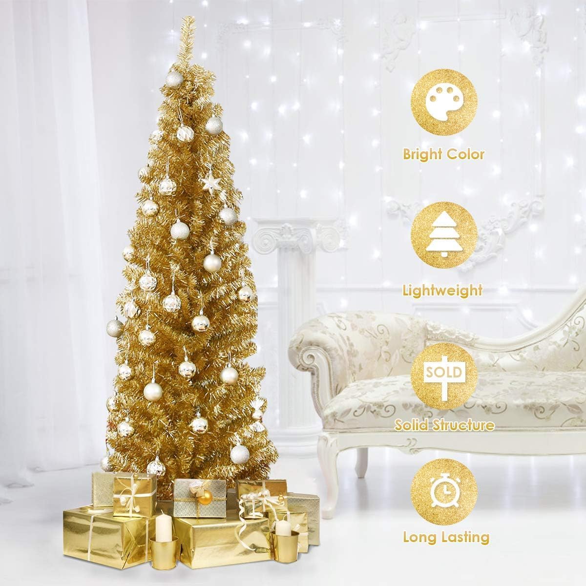 HOMGX Artificial Pencil Christmas Tree, Electroplated Premium Slim Tree, Xmas Decor for Indoor and Outdoor, Suitable for Office, Store and Home (Champagne, 6FT)