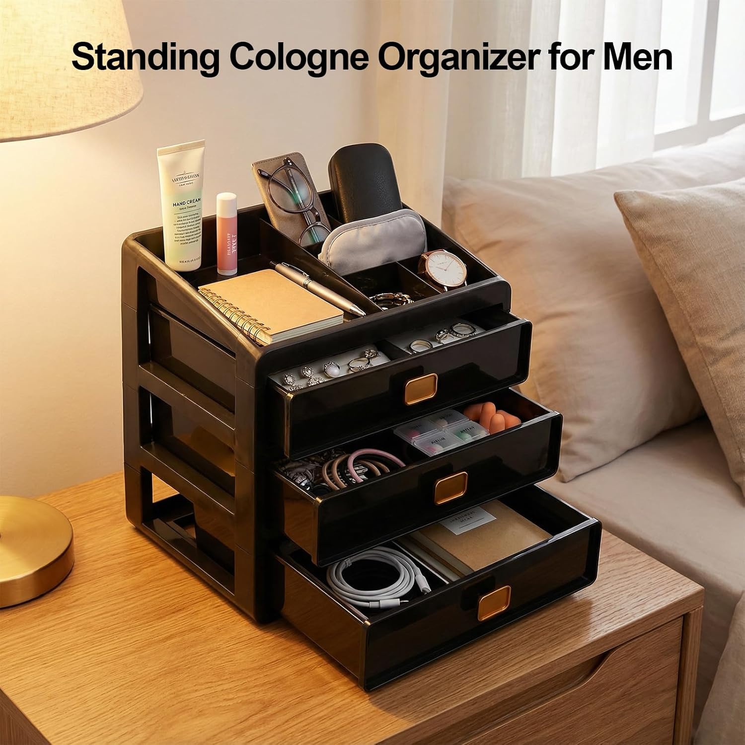 Cologne Organizer for Men,Cologne Stand with 3 Drawer,Nightstand Organizer,Cologne Shelf,Dresser Drawer Organizers,Organizador de Perfumes,Perfume Stand Organizer for Bedroom,Four Layer