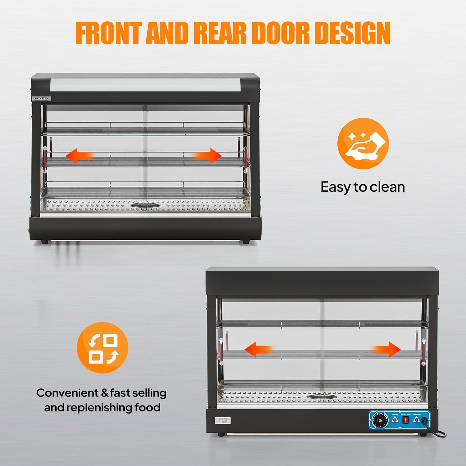 Diagram showing the front and rear door access of the food warmer display for easy cleaning and food replenishment.
