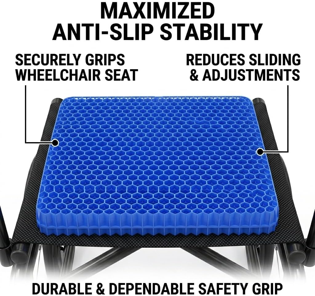 Jumbo Gel Seat Cushion for Long Sitting, 20x20x1.9 inch Thick Honeycomb Wheelchair Cushion for Hip & Back Pain Relief, Breathable Non-Slip Chair Pad for Office, Car & Recliner