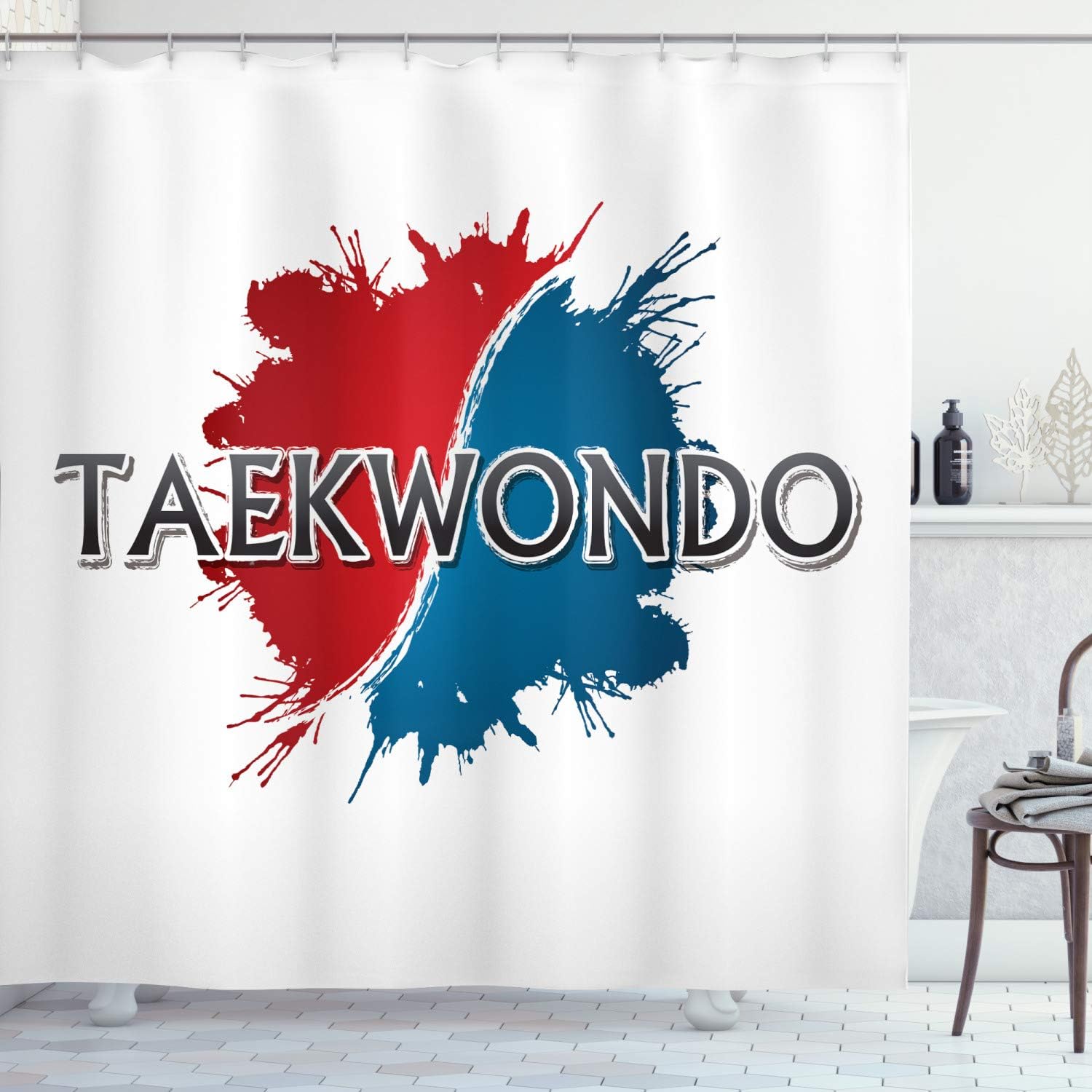 Lunarable Taekwondo Shower Curtain, Abstract Splashed Art Typography Motif Pattern on Plain Backdrop, Cloth Fabric Bathroom Decor Set with Hooks, 69" W x 75" L, White Blue and Vermilion