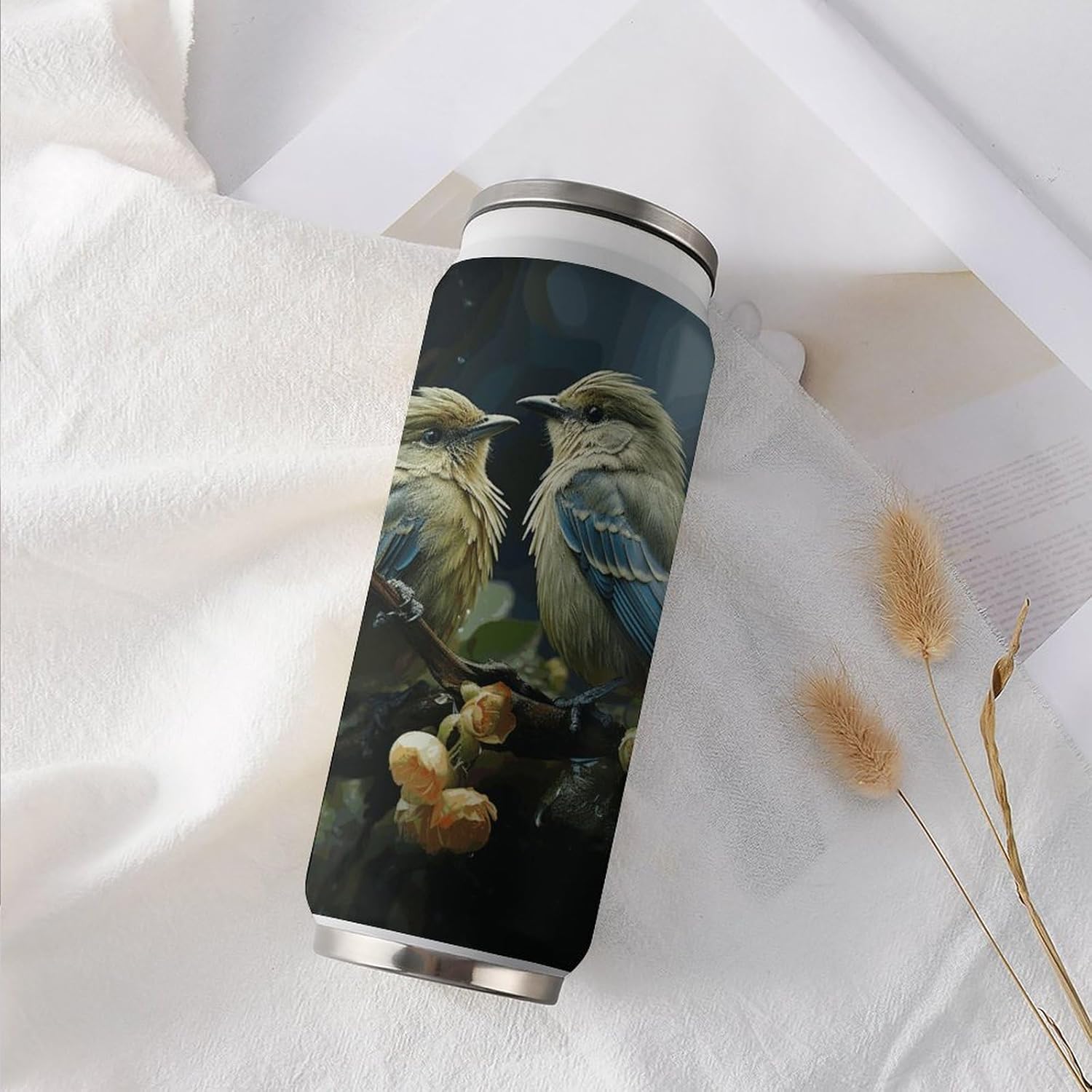 Stainless Steel Cups Green Leaves And Birds Printed Coke Cup Stainless Steel Insulated Cups with Lid And Straw