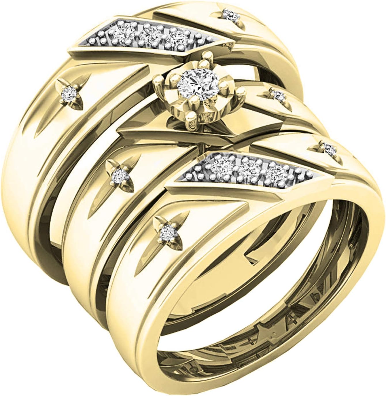 0.20 Cttw Round White Diamond Solitaire Cross Wedding Trio Ring Set for Couple in 14K Solid Yellow Gold