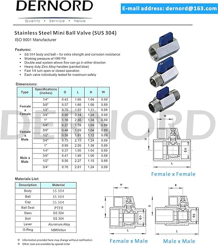 Miniatura 4 de DERNORD Mini válvula de bola de acero inoxidable 38" rosca NPT hembra y macho (paquete de 2)