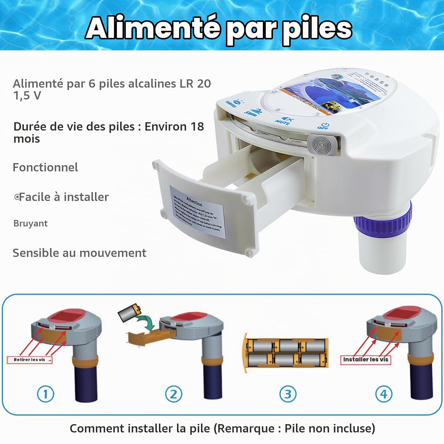Alarme de piscine creusée sans fil, détecteur de mouvement d'eau, système de détection d'alarmes d'immersion de piscine, alimenté par piles avec récepteur à distance, alarme pour la sécurité de la