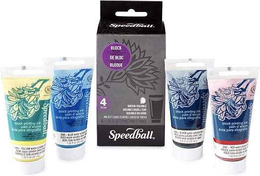 Speedball Water-Soluble Block Printing Ink Set 4 Bold Colors With Satiny Finish - 1.25 FL OZ Tubes