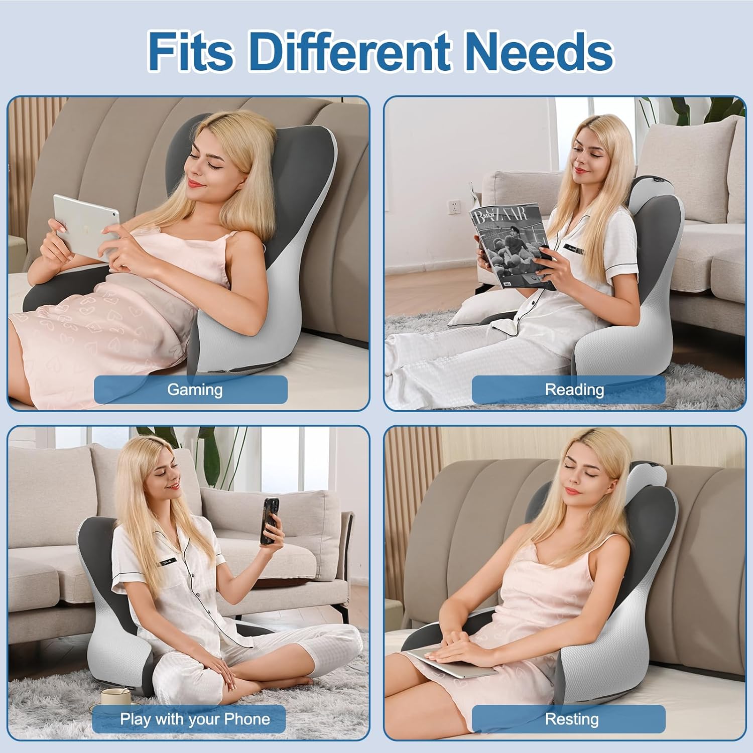 Reading Pillow for Sitting in Bed, 22”H Bed Rest Pillows with Arms, Back Pillows for Sitting Up, Ergonomic Lumbar Support Cushion for Reclining, Gaming, Work, Resting, Watching TV, (Grey&Darkgrey)