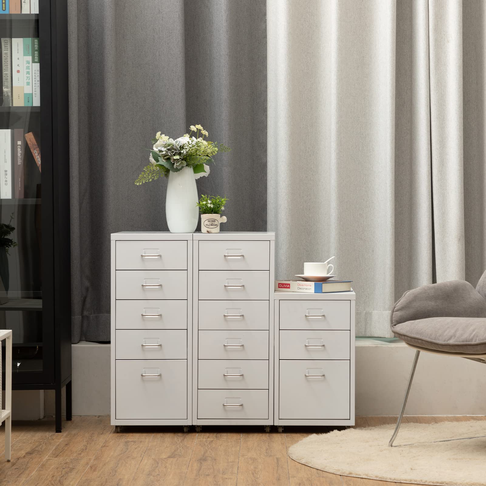 HollyHOME Caisson Métallique à 5 Tiroirs, Organisateur de Classement Roulant pour Bureau, Meuble de Rangement Moderne avec roulettes pour Maison et Bureau, Blanc
