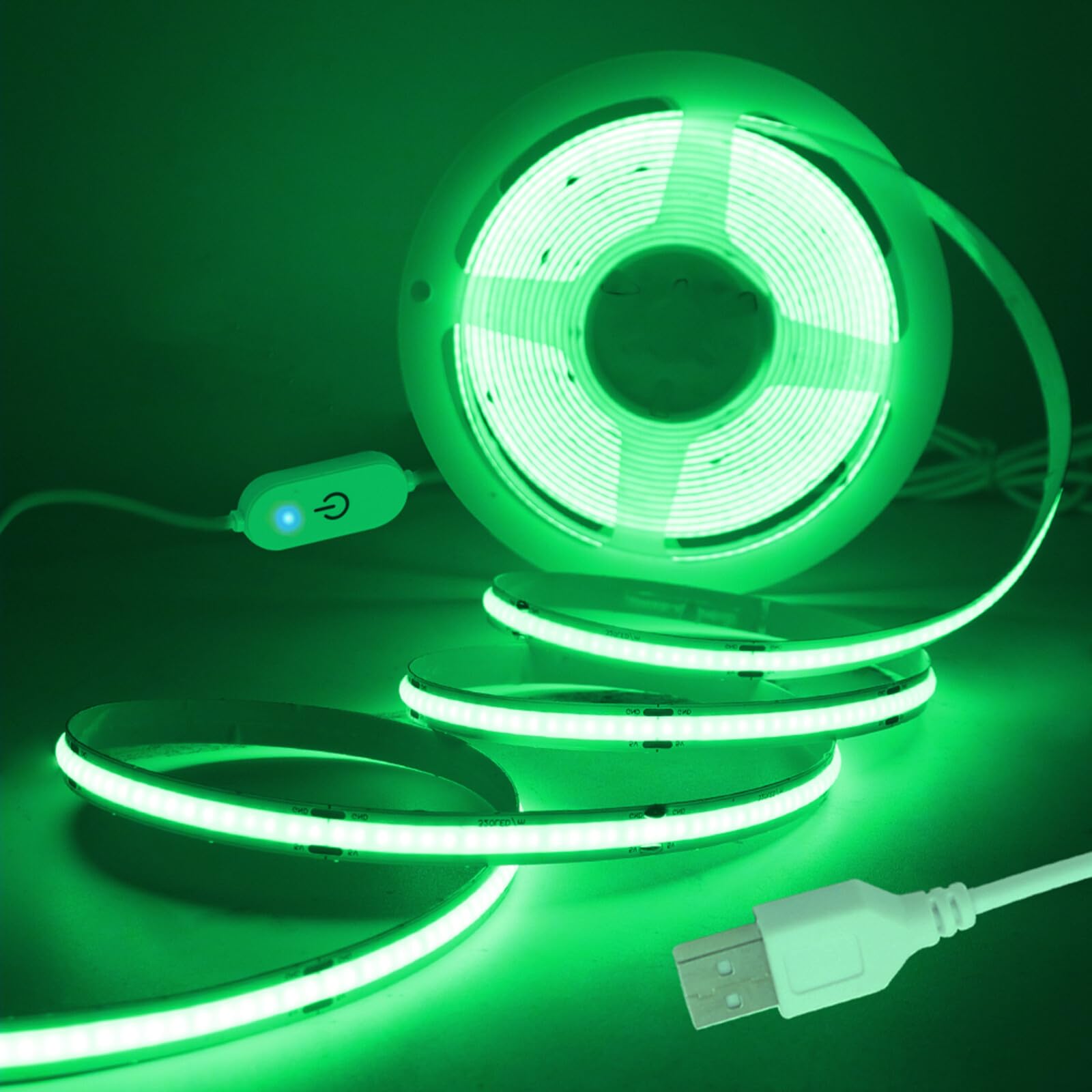 KAFULA 5V Dimmable COB LED Strip [0.5m, Green Light], USB Powered, 320 LEDs/m Flexible FCOB LED Fairy Light CRI90+, Can be Cut Every 5cm, Home Decoration - Power Supply Not Included