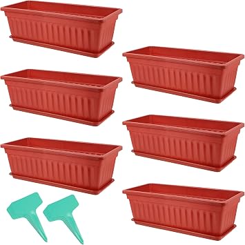 PINGEUI 6 Pack 43cm Plastic Window Box Planter, Rectangular Windowsill Countryside Flower Box Planter, Vegetable Growing Containers with Trays and 30 PCS Plant Labels, Terracotta Color