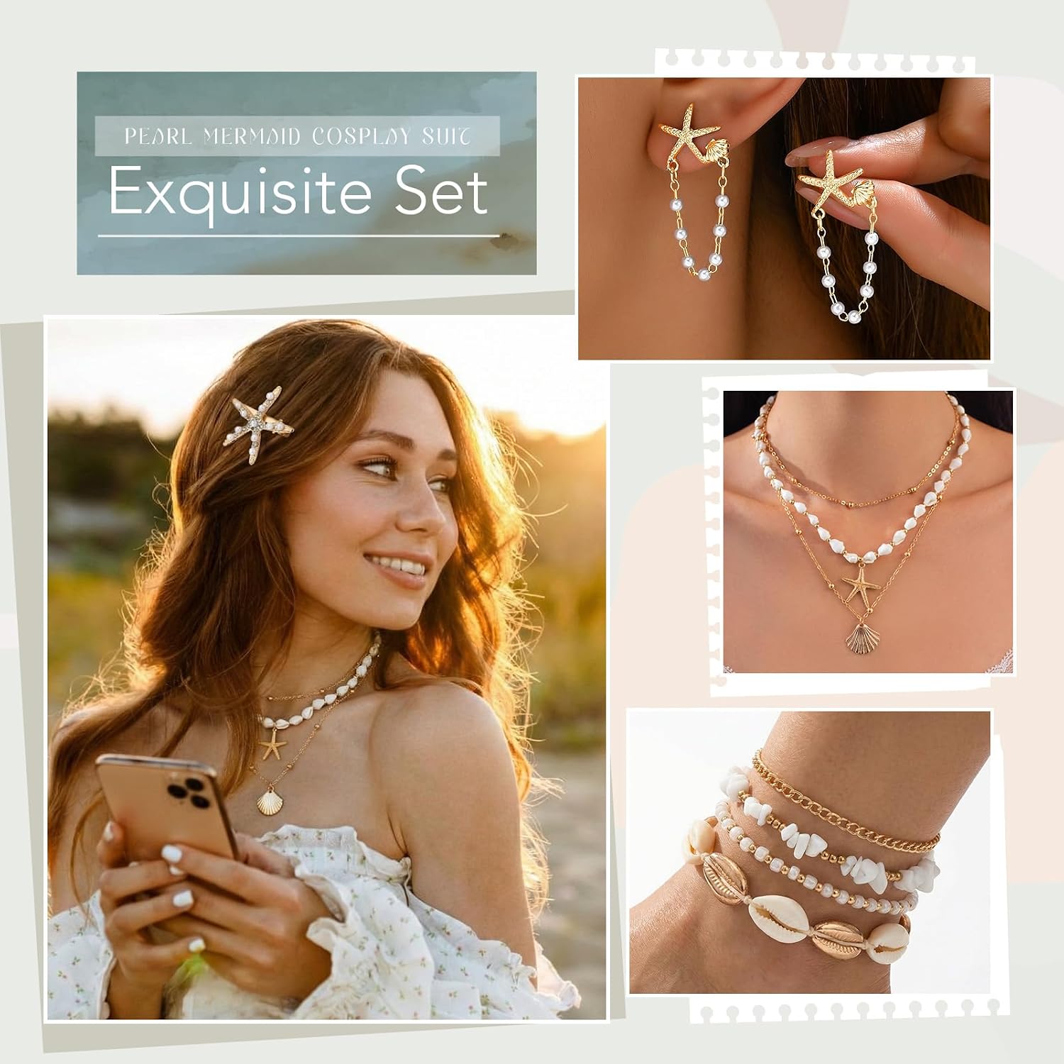 Tondiamo 11 Pcs Mermaid Jewelry Accessories for Women with Seashell Starfish Necklace Earrings Ankle Bracelet Hair Clips Set
