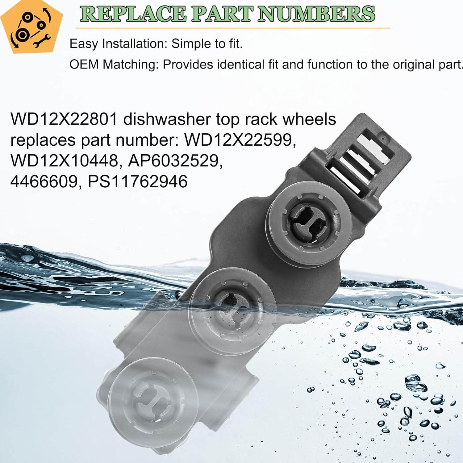 WD12X22801 Dishwasher Rack Bracket with 3 Wheels for GE Haier Dishwasher Roller Wheels - Replace AP6032529 4466609 PS11762946 WD12X10448 WD12X22599 (2 PACK）