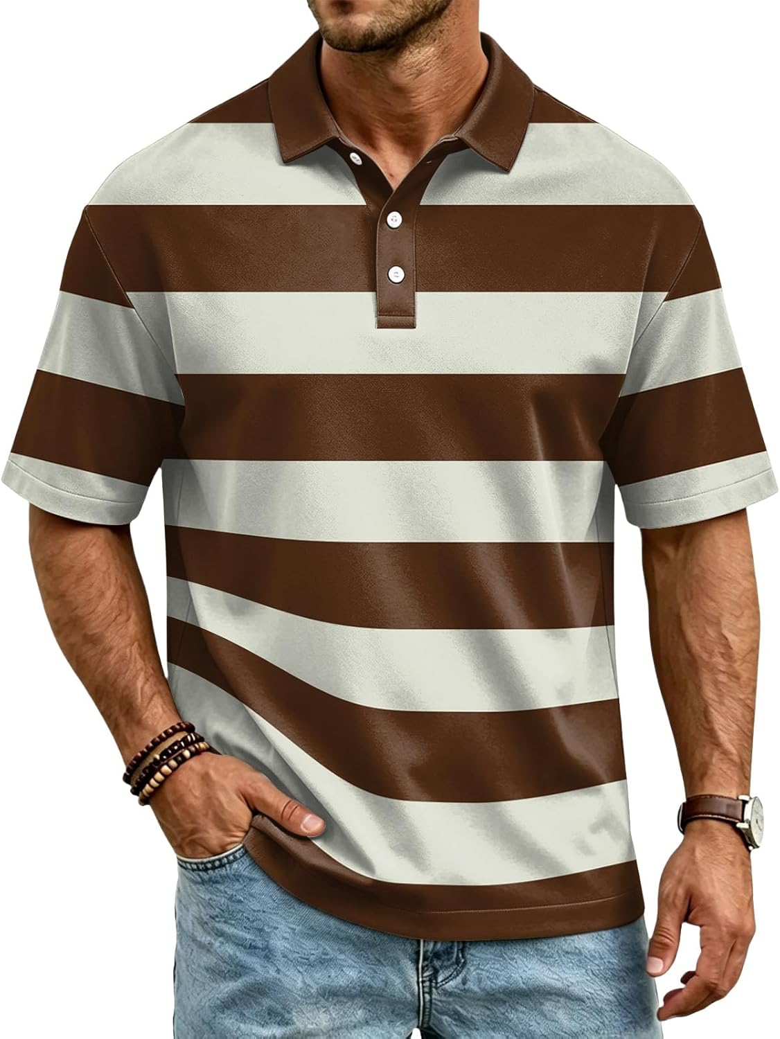 Ymosrh Men's Breeze Polo Shirts Short Sleeve Striped Summer Casual Vacation Party Golf Collar Shirts, S-3XL