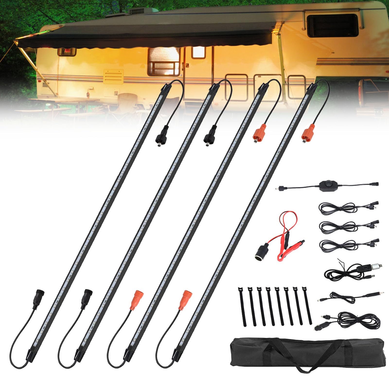 12v led interior light bar kit dimmable ip67 waterproof camping string lights, aluminum magnetic mount exterior lights,portable lighting for rv, camping tent car trailer boat (4 pack)