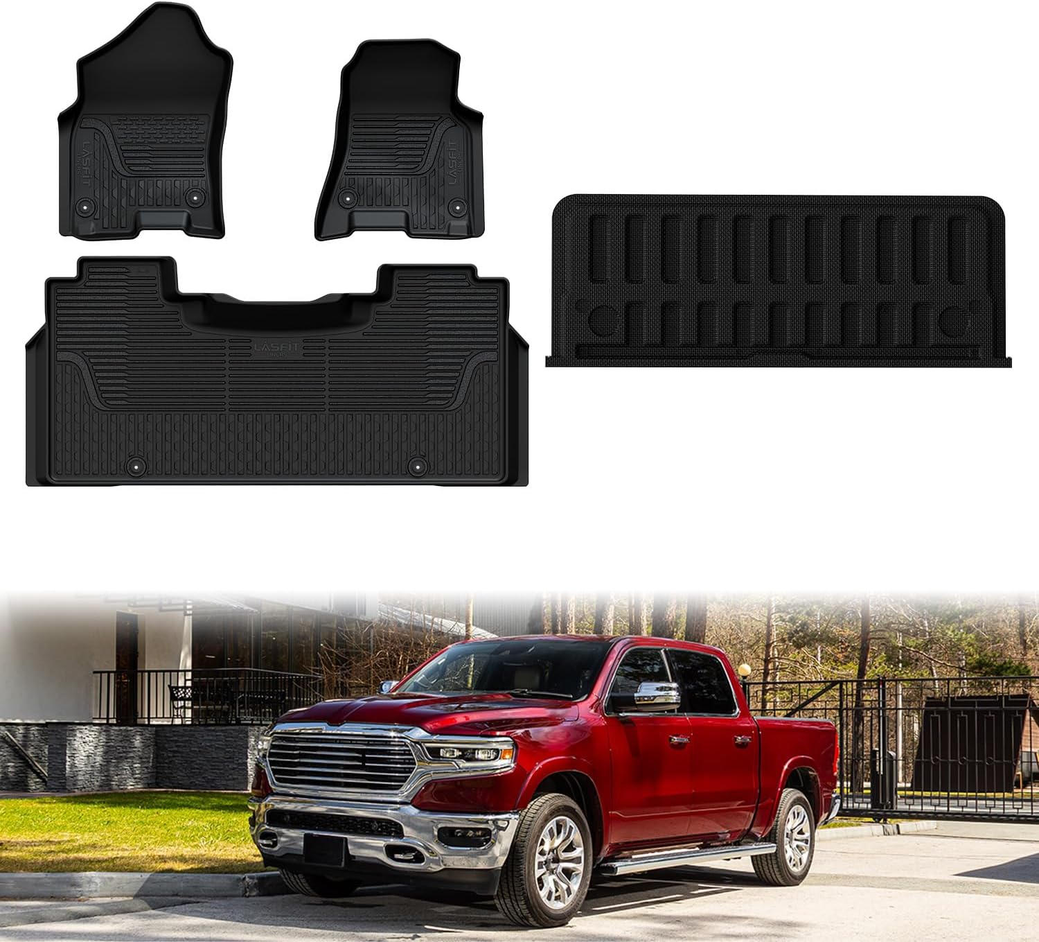 LASFIT Floor Mats & Standard Tailgate Mat for 2019-2024 RAM 1500 Crew Cab with Rear Storage, Not Fit Without 2nd Row Storage