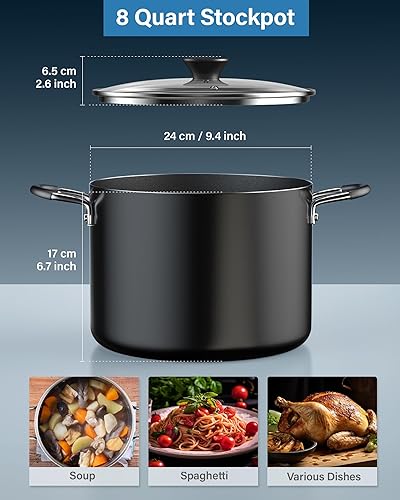 Miniatura 9 de Cook N Home Olla antiadherente con tapa de 6 cuartos de galón, olla profesional de cocina profunda con tapa de vidrio, color negro