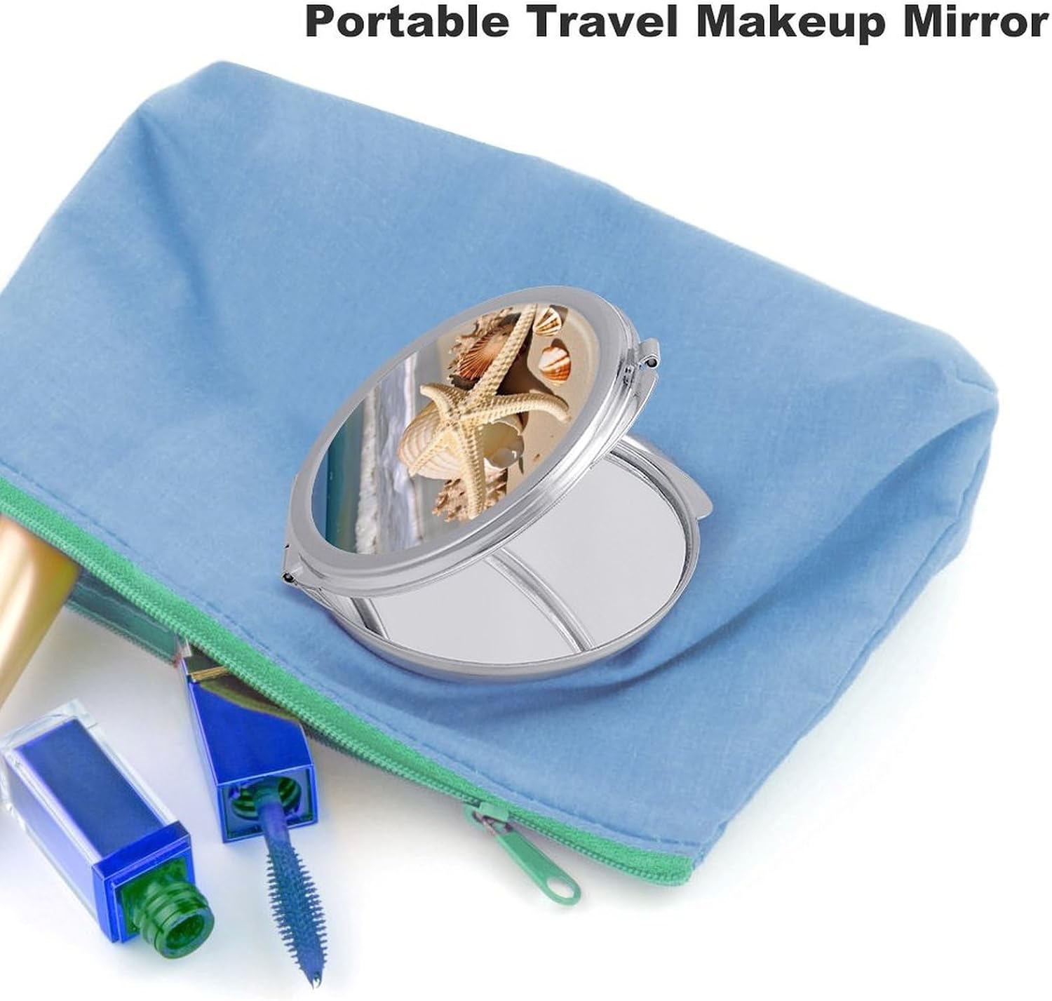Travel Large Seashell Starfish Makeup Mirror Compact Pocket Vanity Mirror Double-Sided 2X /1x Magnifying Round Folding Handheld Cosmetic Beauty Mirrors for Purse Handbag image 3