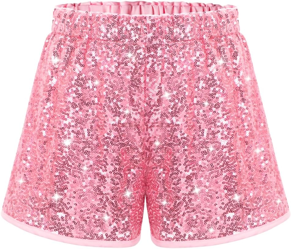 WELAKEN Sparkly Sequin Shorts for Girls Kids High Waist Elastic Party Dance Shorts