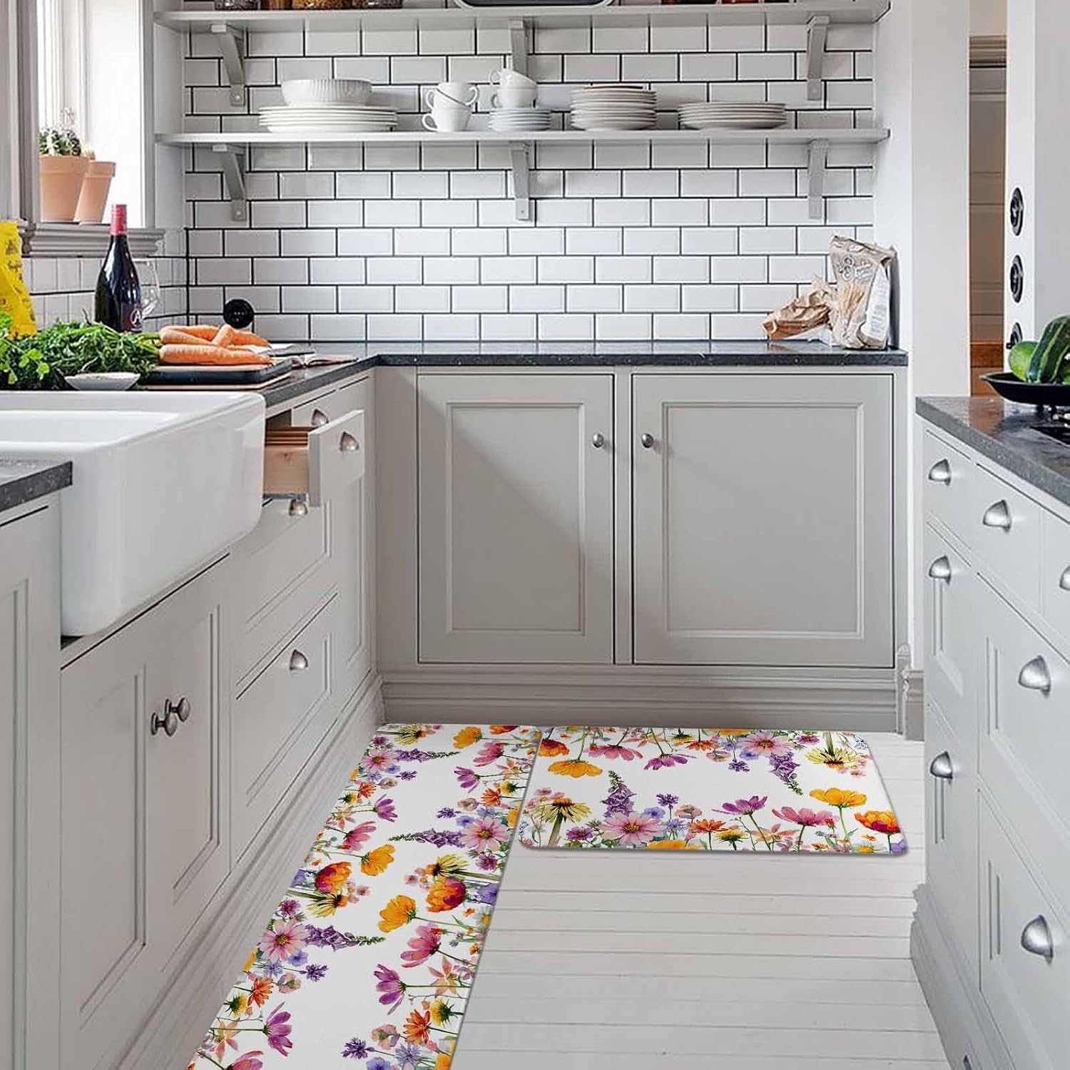 Pink Flowers Kitchen Rugs and Mats Set of 2, Non-Slip Kitchen Sink Mat, Elegant Spring Floral Pastoral Watercolor Washable Doormat Bathroom Rugs Runner for Bedroom/Living Room 19.7"x31.5"+19.7"x63"