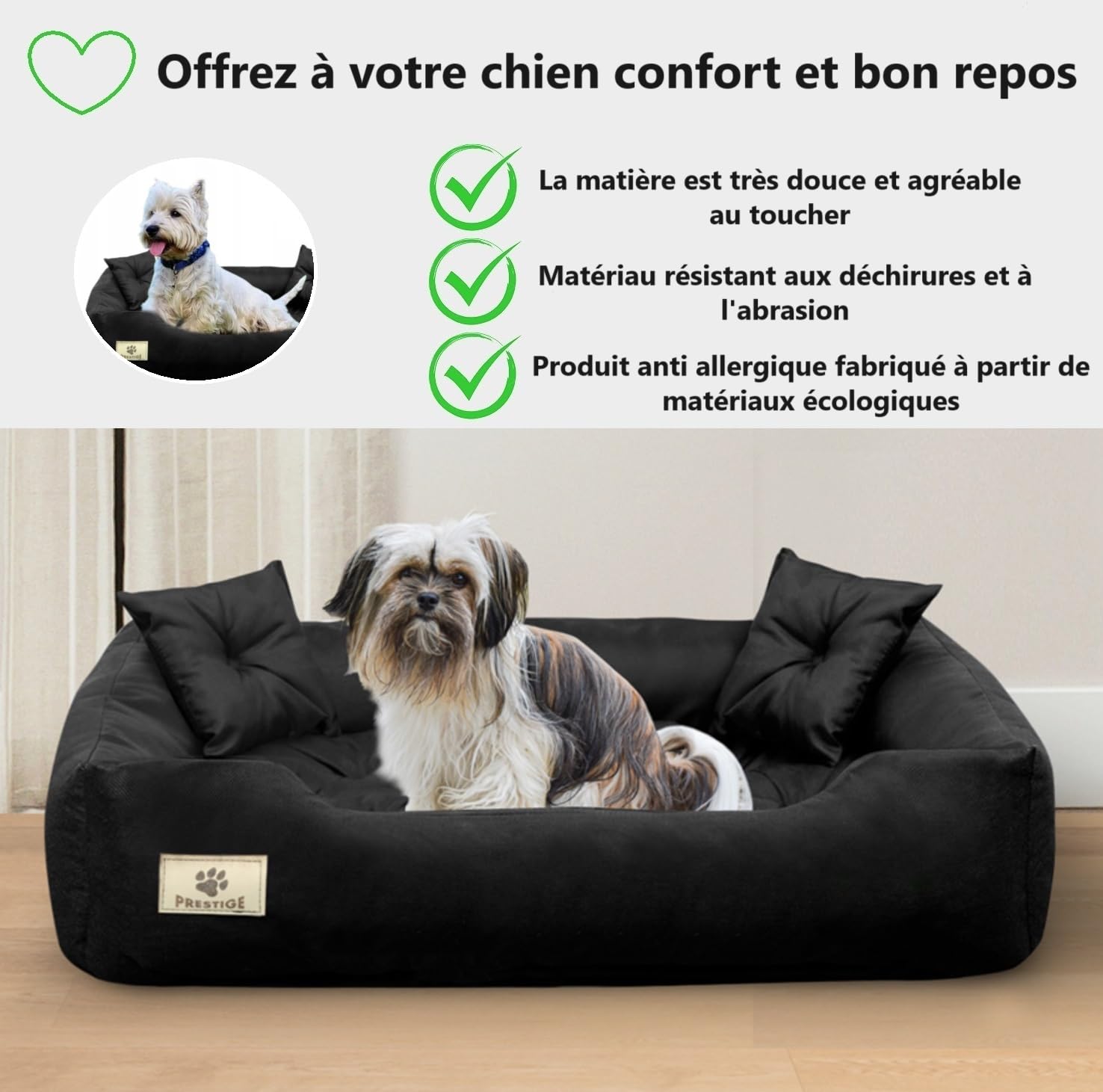 KING DOG Couchage Très Grand Chien XXL 130 x 105 cm Coussin Étanche Panier Lavable Confortable Moelleux Ultra Doux Fabriqué en Europe Noir