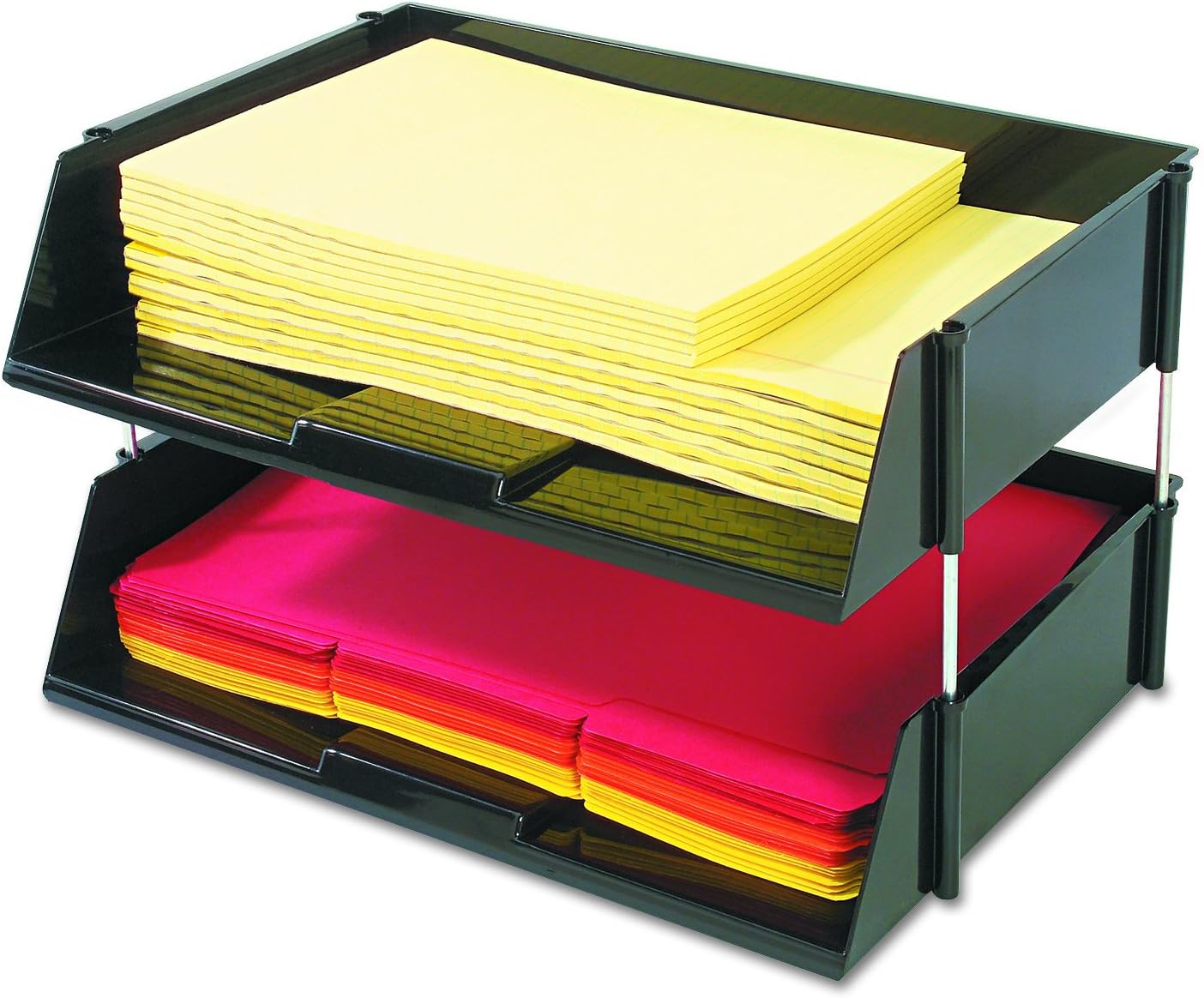 Deflecto Industrial Tray, Stacking Tray, Side-Load, Extra-Wide, Black, Set of 2 Trays With 4 Metal Risers, 16-1/2"W x 3-1/2"H x 11-3/16"D (582704)